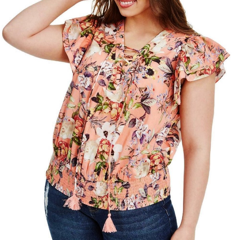 NWT INC Int'l Concepts Salmon Blouson Floral Top Blouse 2X Orig$79+Tax